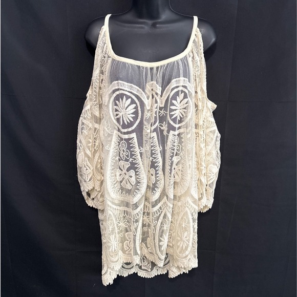 Free People x Jens Pirate Booty Cream Lace Cold Shoulder Bell Sleeve Tunic Boho - Picture 2 of 9